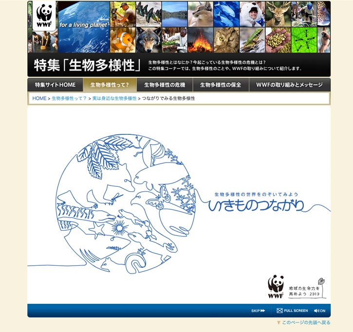 WWFジャパン 特集「生物多様性」イラスト スプラッシュ / webブランディング HTML Javascript jquery UI UX デザイン